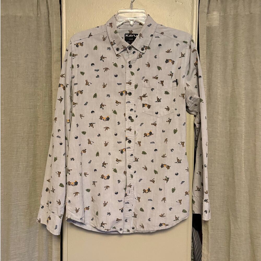 Kavu Graphic Print Long Sleeve Button Down Shirt | L | 100% Cotton | Bigfoot